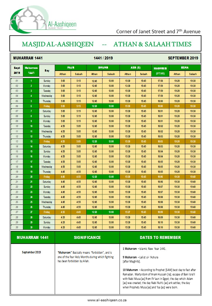 Salaah times for Muharram 1441 Hijri/2019 | Masjid Al-Aashiqeen